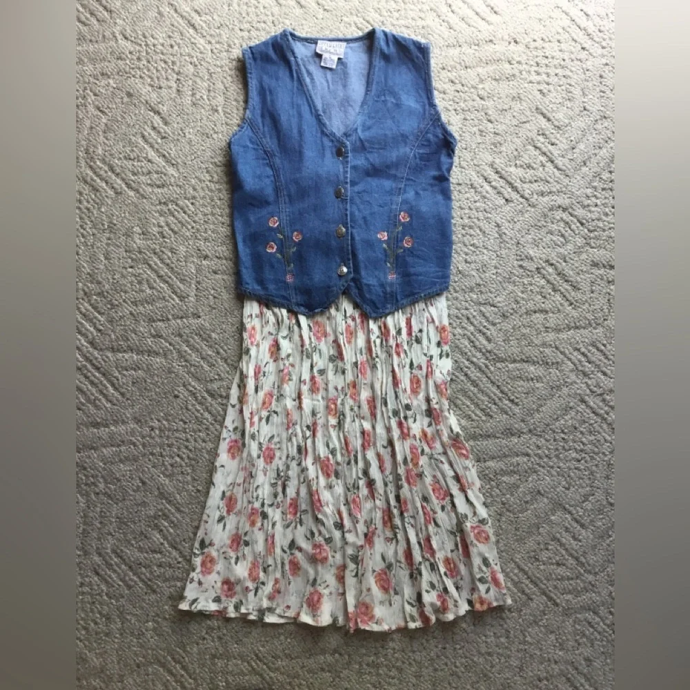 Girls Blue Denim Vest with Floral Pleated Skirt